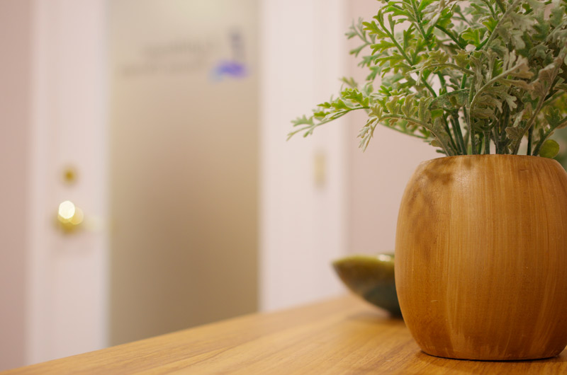 A-close-up-of-a-wooden-planter-with-greenery-on-a-wooden-table-at-lighthouse-trauma-therapy,-with-a-frosted-glass-door-in-the-background,-adding-a-natural-and-serene-touch-to-the-space.