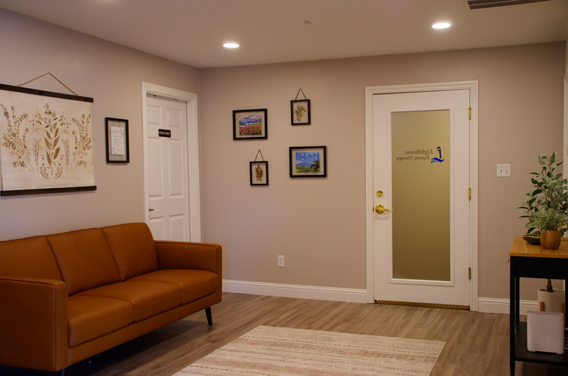A-welcoming-waiting-room-at-lighthouse-trauma-therapy,-featuring-a-brown-leather-couch,-a-frosted-glass-door,-framed-wall-art,-and-a-modern-console-table-with-greenery,-creating-a-calm-and-professional-environment.